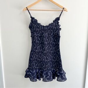 Likely Zephra Smocked Printed Ruffle Floral Printed Mini Dress Navy Blue 8